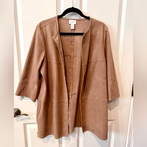 Chico's open-front faux suede tan jacket with 3/4 sleeves.  Chicos 2/womens L.